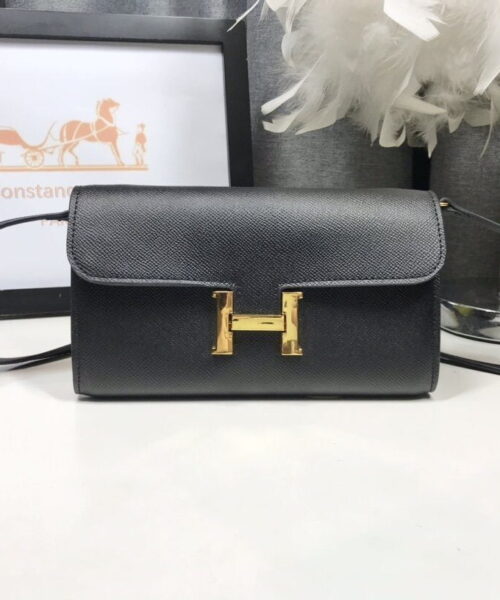 Hermes Constance Togo Long Wallet  21cm/8.3in Gold Toned Hardware For Women Black