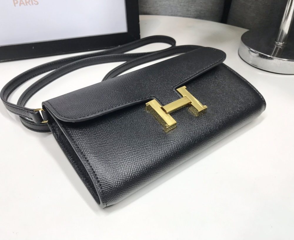 1:1 Replica Hermes Constance Togo Long Wallet 21cm/8.3in Gold Toned Hardware For Women Black