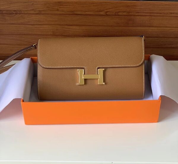 Hermes Constance Togo Long Wallet  21cm/8.3in Gold Toned Hardware For Women Brown