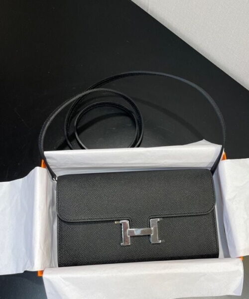 Hermes Constance Togo Long Wallet  21cm/8.3in Silver Toned Hardware For Women Black