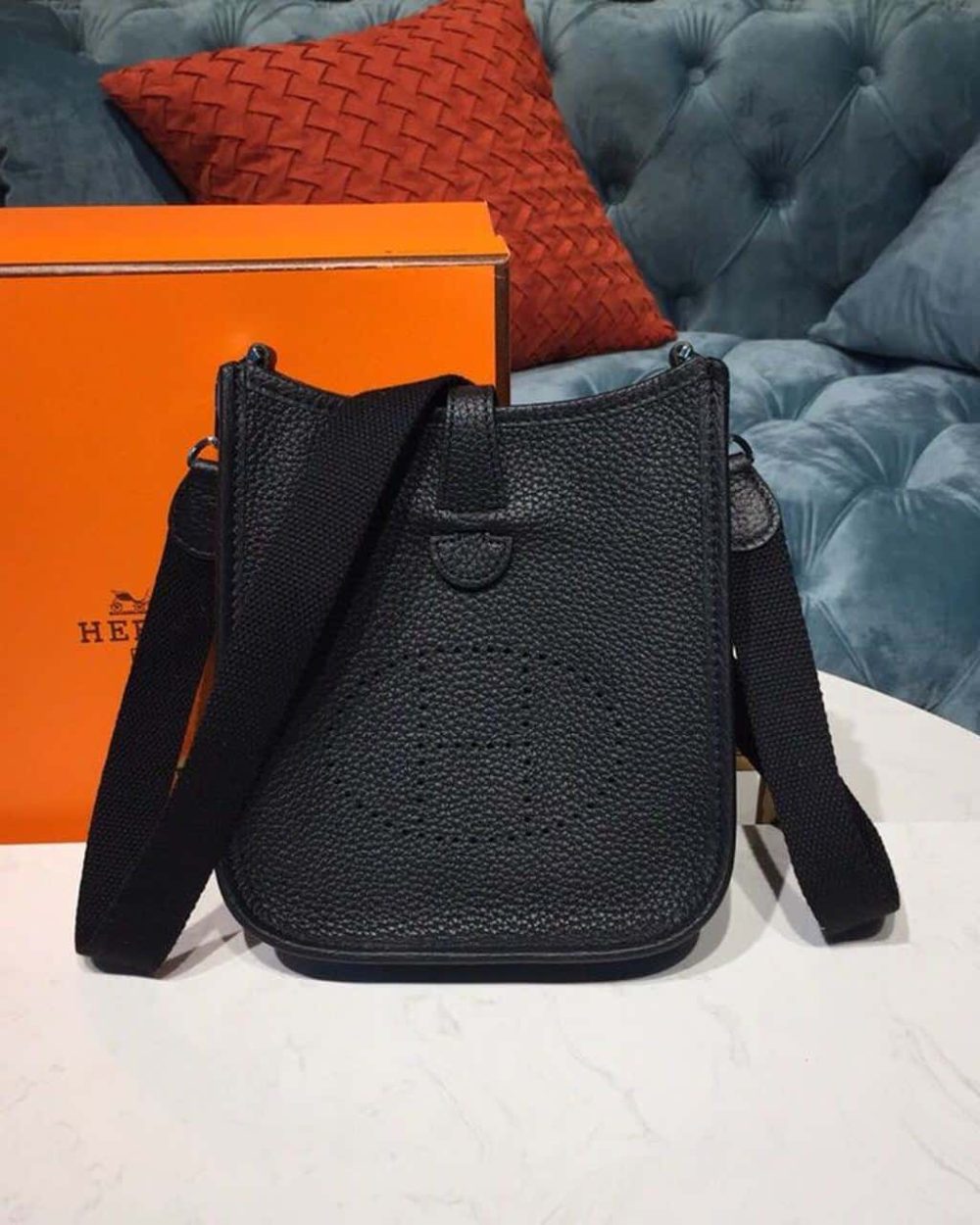 1:1 Replica Hermes Evelyne II TPM Bag Black For Women Silver Toned Hardware 7.9in/20cm