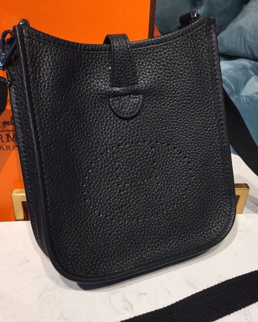 1:1 Replica Hermes Evelyne II TPM Bag Black For Women Silver Toned Hardware 7.9in/20cm