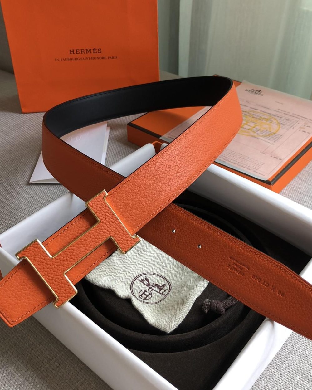 1:1 Replica Hermes H Guillochee Belt Buckle & Reversible Strap Orange For Women, Women Belt