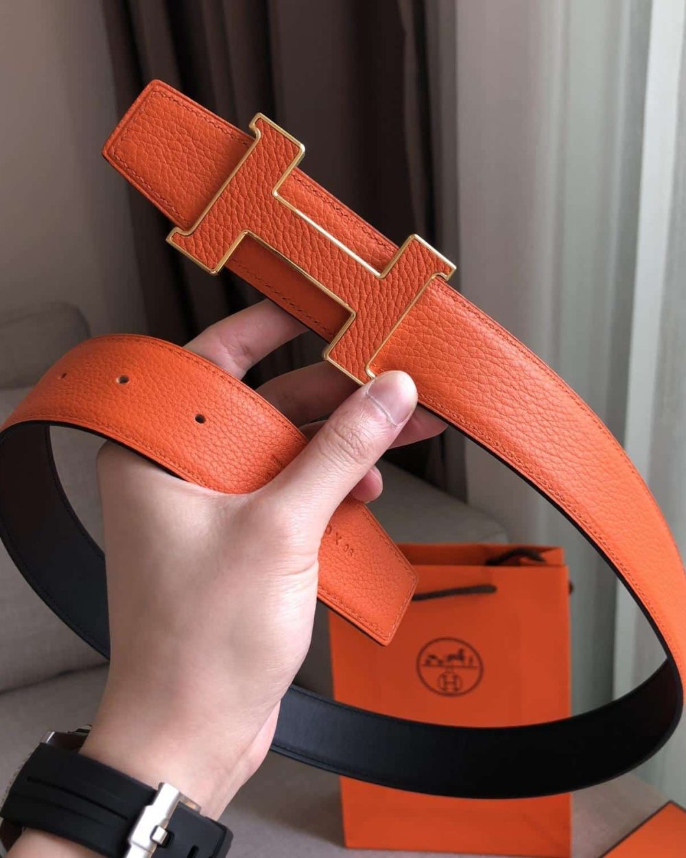 1:1 Replica Hermes H Guillochee Belt Buckle & Reversible Strap Orange For Women, Women Belt