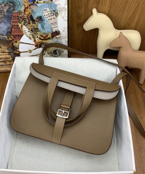 1:1 Replica Hermes Halzan 31 Brown, Silver Toned Hardware Bag For Women, Women's Handbags, Shoulder Bags 12.2in/31cm