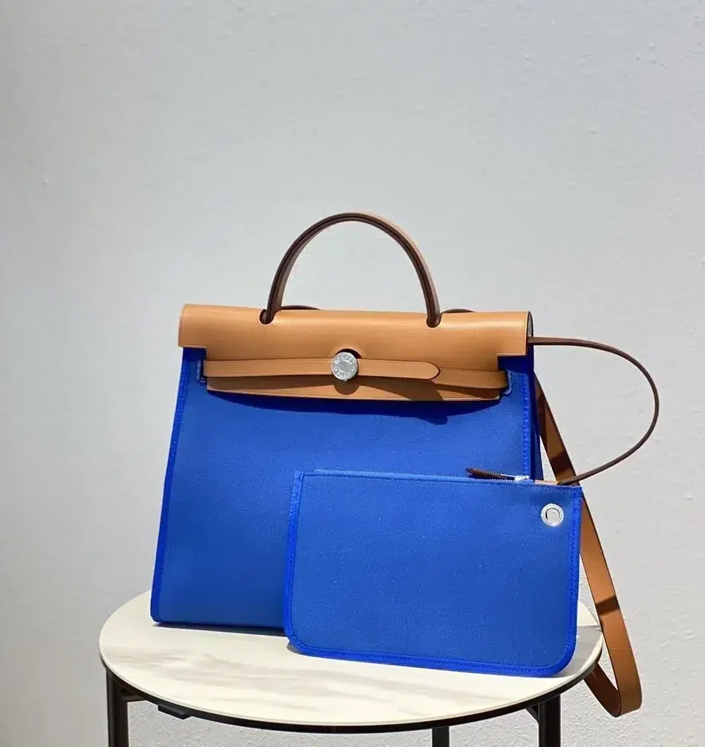 1:1 Replica Hermes Herbag Zip Bag Blue, Silver Toned Hardware Bag For Women, Women's Handbags, Shoulder Bags 12.2in/31cm