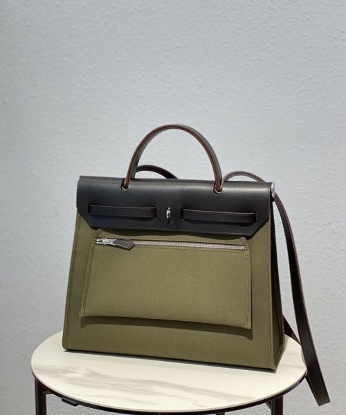 1:1 Replica Hermes Herbag Zip Bag Dark Green Moss, Silver Toned Hardware Bag For Women, Women's Handbags, Shoulder Bags 12.2in/31cm