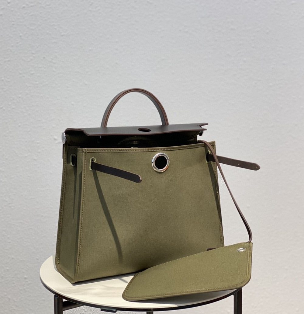 1:1 Replica Hermes Herbag Zip Bag Dark Green Moss, Silver Toned Hardware Bag For Women, Women's Handbags, Shoulder Bags 12.2in/31cm