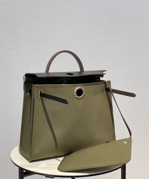 1:1 Replica Hermes Herbag Zip Bag Dark Green Moss, Silver Toned Hardware Bag For Women, Women's Handbags, Shoulder Bags 12.2in/31cm