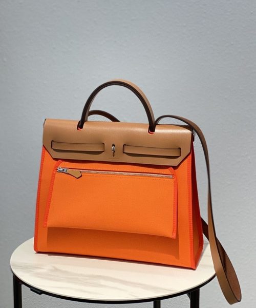 1:1 Replica Hermes Herbag Zip Bag Orange, Silver Toned Hardware Bag For Women, Women's Handbags, Shoulder Bags 12.2in/31cm