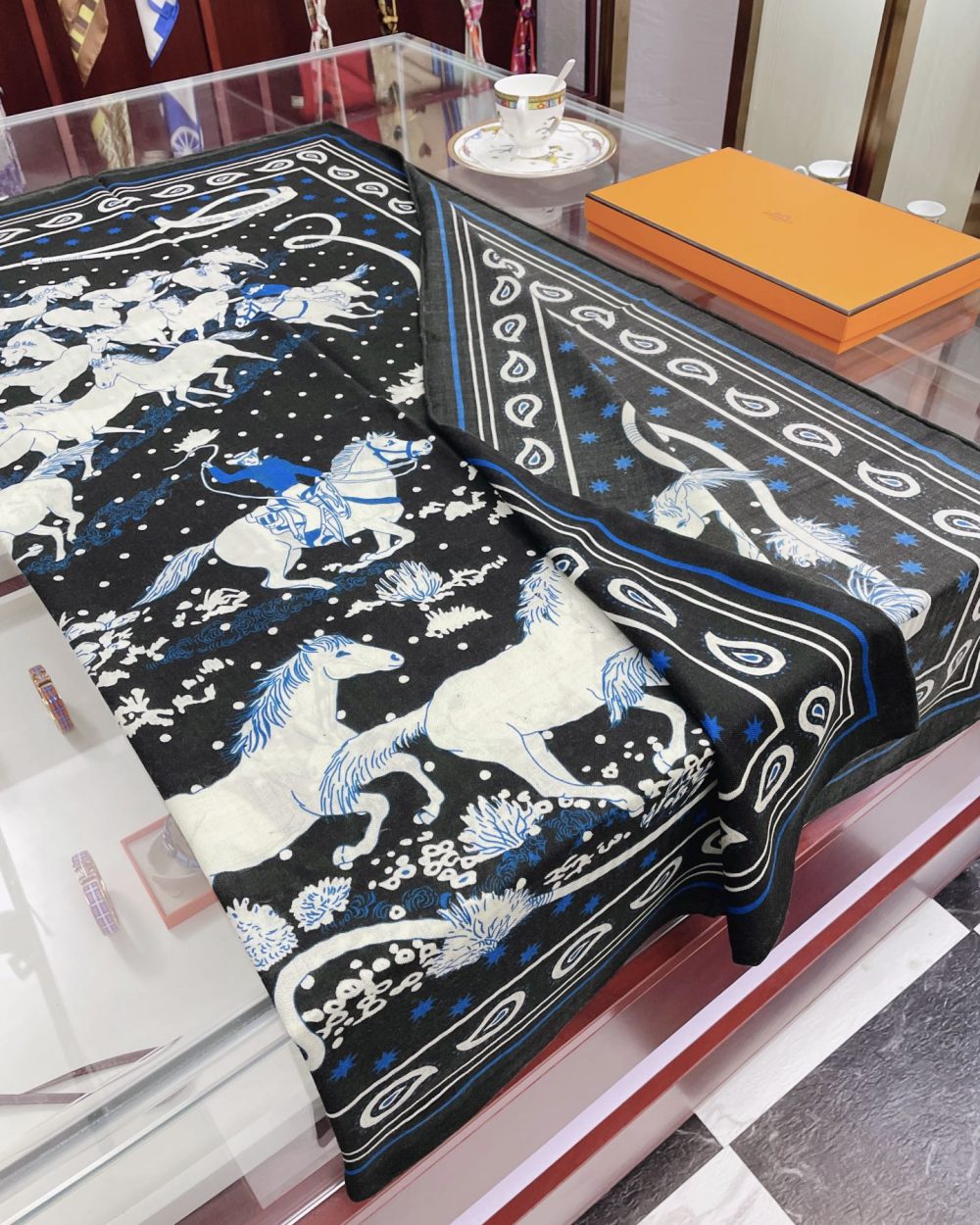 Hermes Horse Printed Patterns Square in Black Scarf 140cm/55in