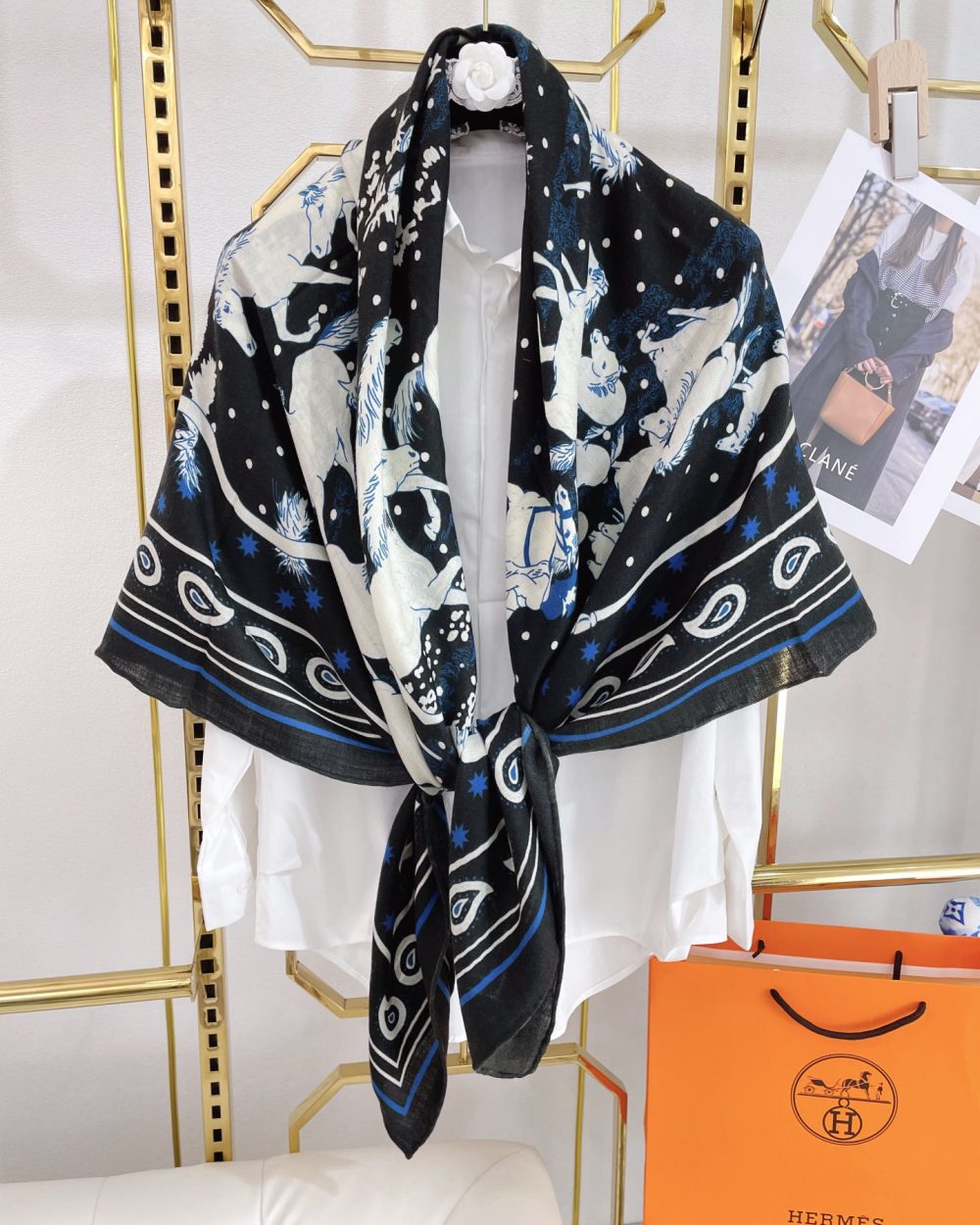Hermes Horse Printed Patterns Square in Black Scarf 140cm/55in