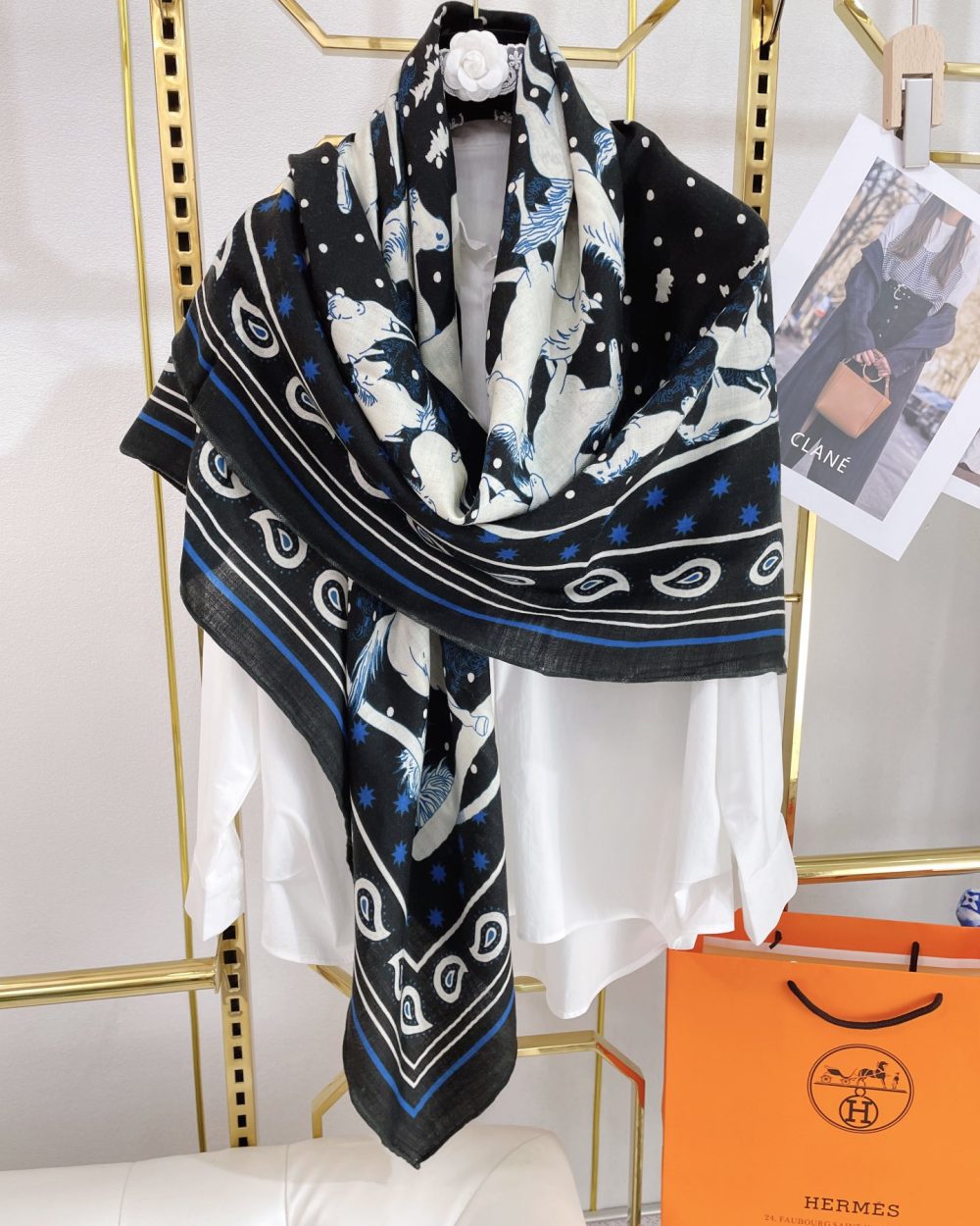 Hermes Horse Printed Patterns Square in Black Scarf 140cm/55in