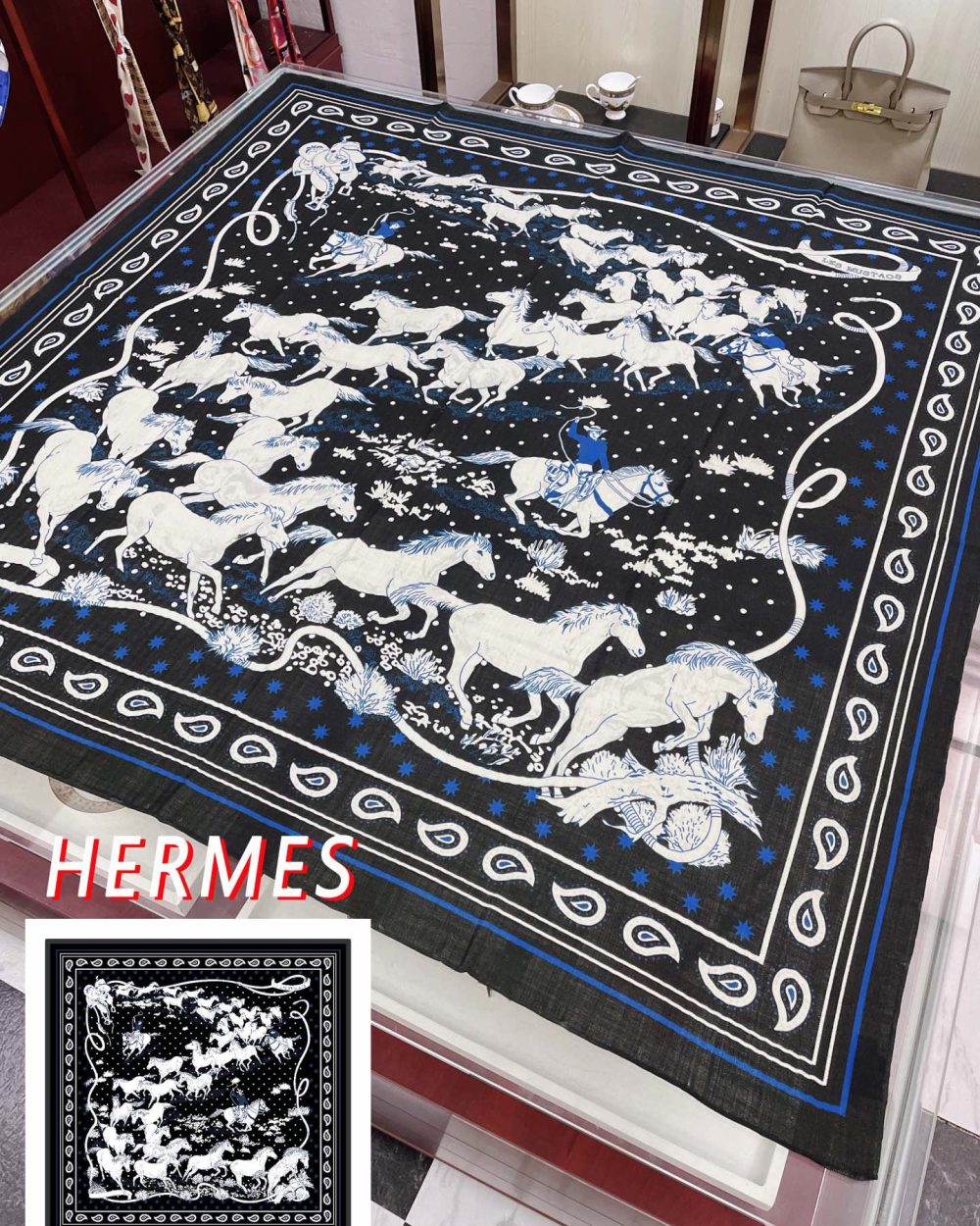 Hermes Horse Printed Patterns Square in Black Scarf 140cm/55in