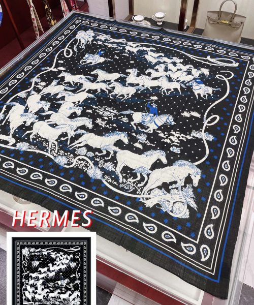 Hermes Horse Printed Patterns Square in Black Scarf 140cm/55in 