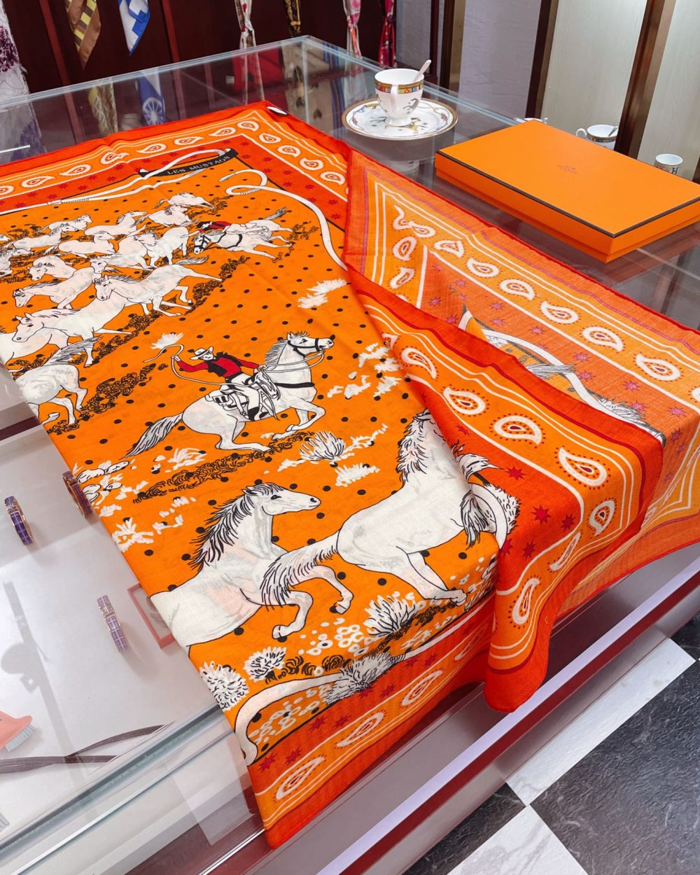 Hermes Horse Printed Patterns Square in Orange Scarf 140cm/55in