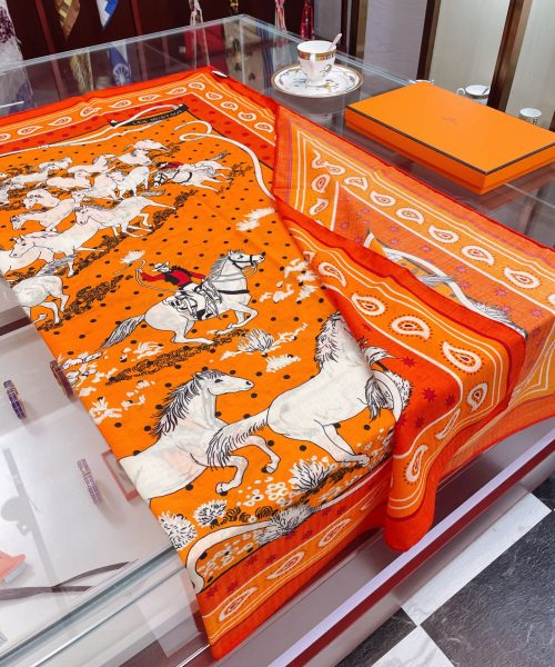 Hermes Horse Printed Patterns Square in Orange Scarf 140cm/55in 