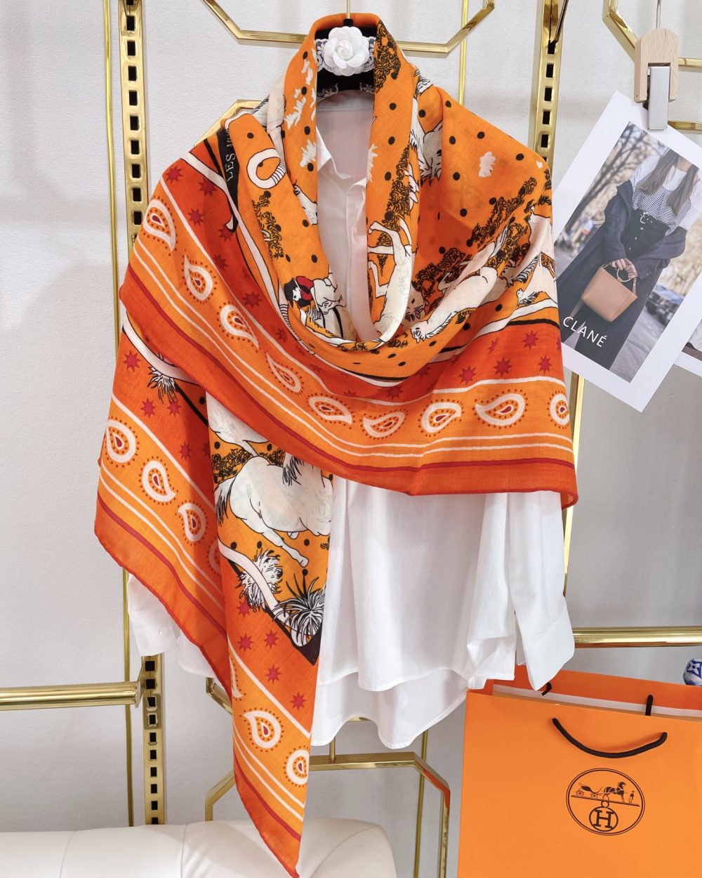 Hermes Horse Printed Patterns Square in Orange Scarf 140cm/55in