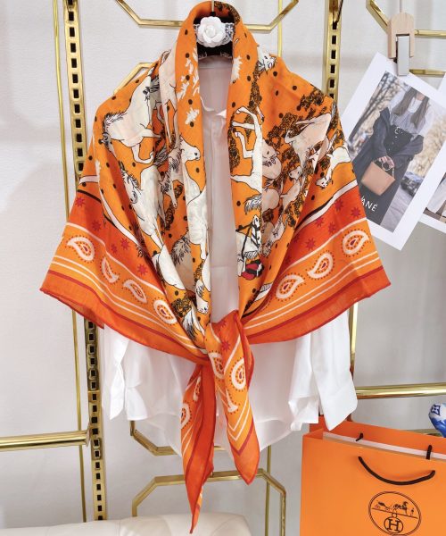 Hermes Horse Printed Patterns Square in Orange Scarf 140cm/55in 