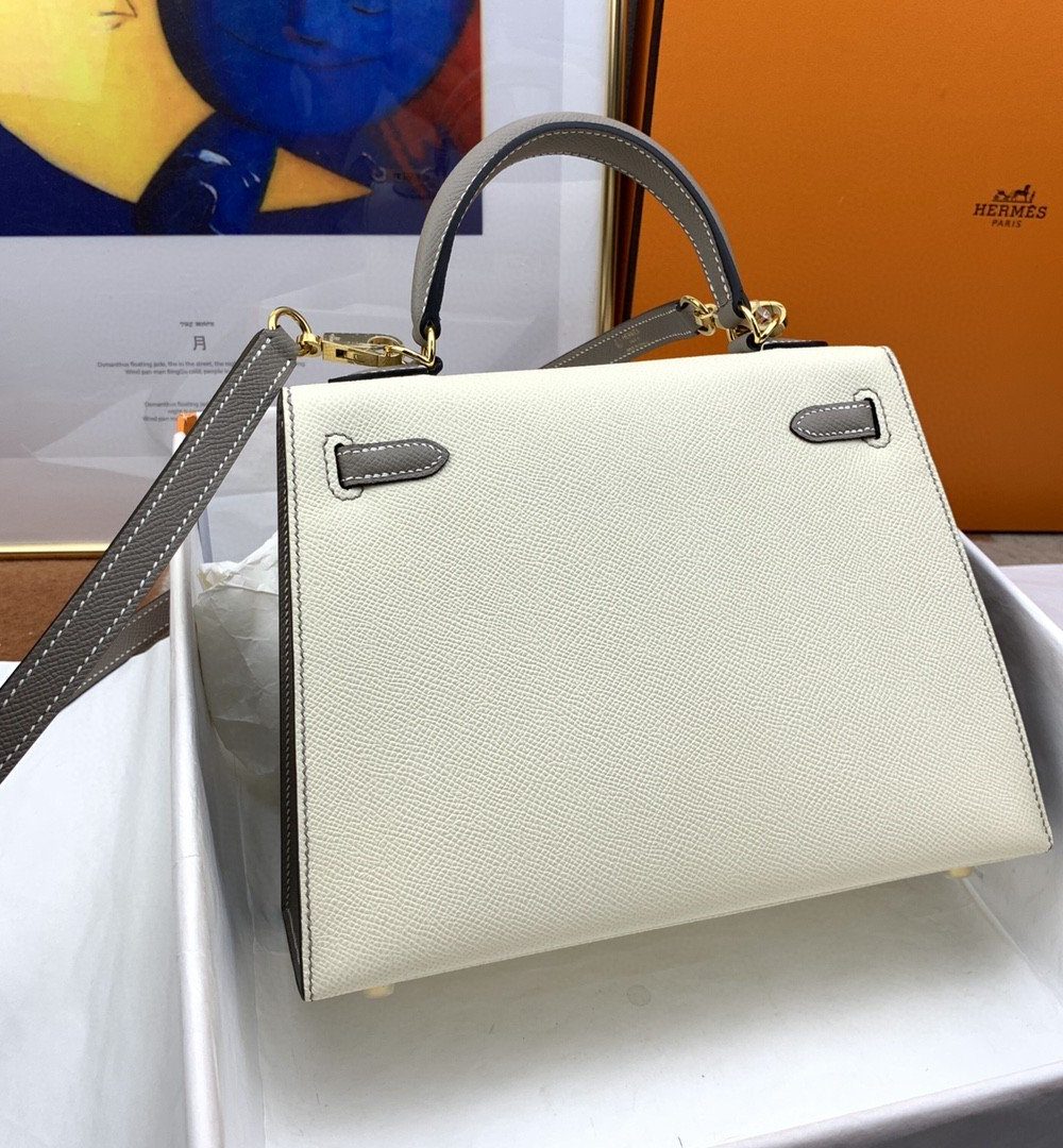 1:1 Replica Hermes Kelly 25 Sellier Epsom Craie/Grey Bag For Women, Women's Handbags, Shoulder Bags 10in/25cm