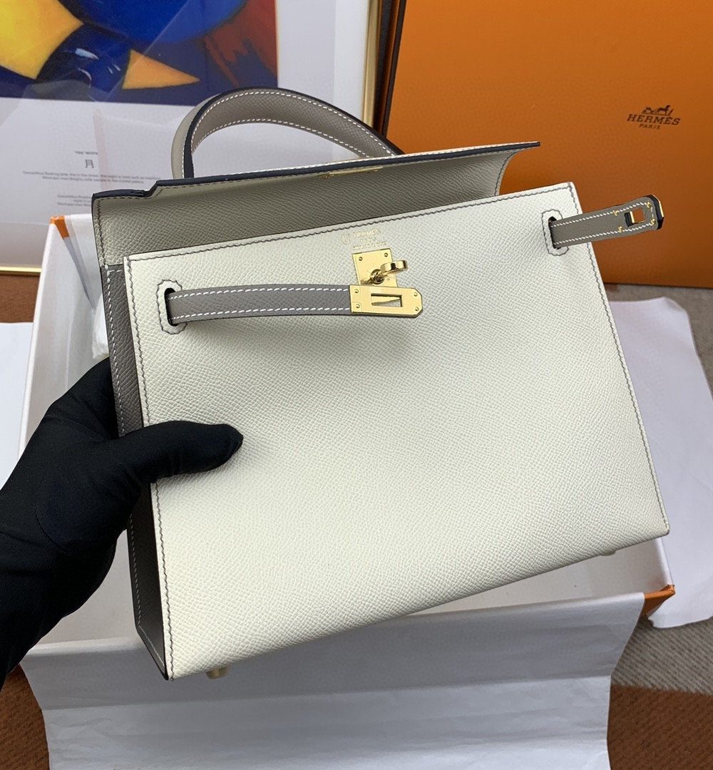 1:1 Replica Hermes Kelly 25 Sellier Epsom Craie/Grey Bag For Women, Women's Handbags, Shoulder Bags 10in/25cm
