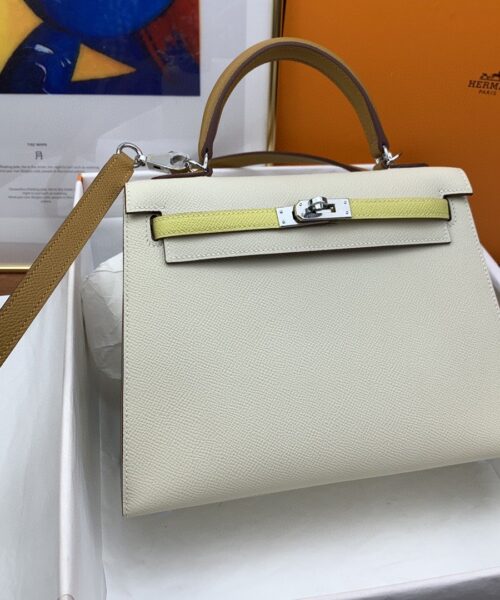 1:1 Replica Hermes Kelly 25 Sellier Epsom Craie/Yellow Bag For Women, Women's Handbags, Shoulder Bags 10in/25cm