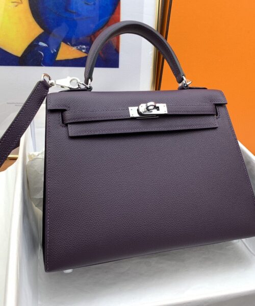 1:1 Replica Hermes Kelly 25 Sellier Epsom Dark Purple Bag For Women, Women's Handbags, Shoulder Bags 10in/25cm