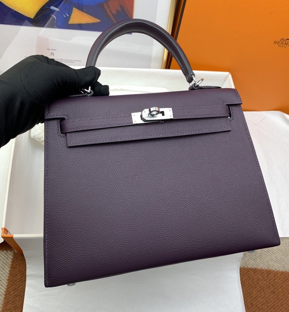 1:1 Replica Hermes Kelly 25 Sellier Epsom Dark Purple Bag For Women, Women's Handbags, Shoulder Bags 10in/25cm