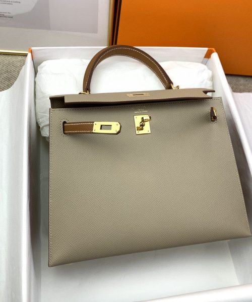 1:1 Replica Hermes Kelly 25 Sellier Epsom Greige/Brown Bag For Women, Women's Handbags, Shoulder Bags 10in/25cm