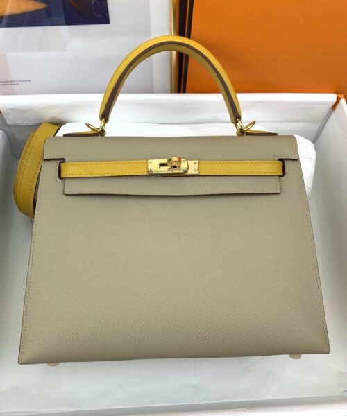 1:1 Replica Hermes Kelly 25 Sellier Epsom Greige/Yellow Bag For Women, Women's Handbags, Shoulder Bags 10in/25cm