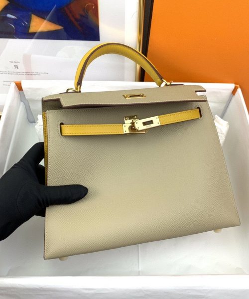 1:1 Replica Hermes Kelly 25 Sellier Epsom Greige/Yellow Bag For Women, Women's Handbags, Shoulder Bags 10in/25cm
