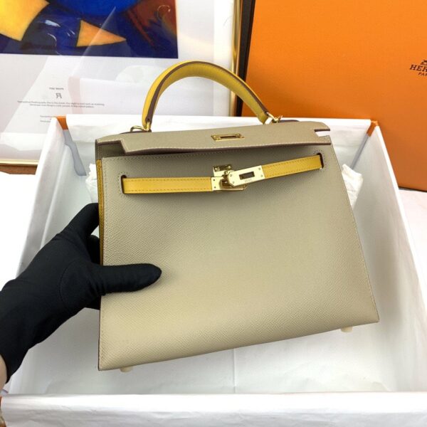 1:1 Replica Hermes Kelly 25 Sellier Epsom Greige/Yellow Bag For Women, Women's Handbags, Shoulder Bags 10in/25cm