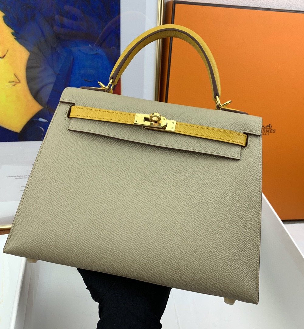 1:1 Replica Hermes Kelly 25 Sellier Epsom Greige/Yellow Bag For Women, Women's Handbags, Shoulder Bags 10in/25cm