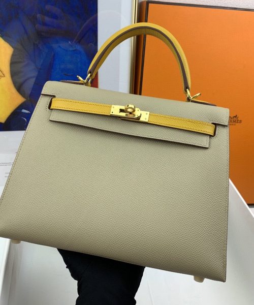 1:1 Replica Hermes Kelly 25 Sellier Epsom Greige/Yellow Bag For Women, Women's Handbags, Shoulder Bags 10in/25cm