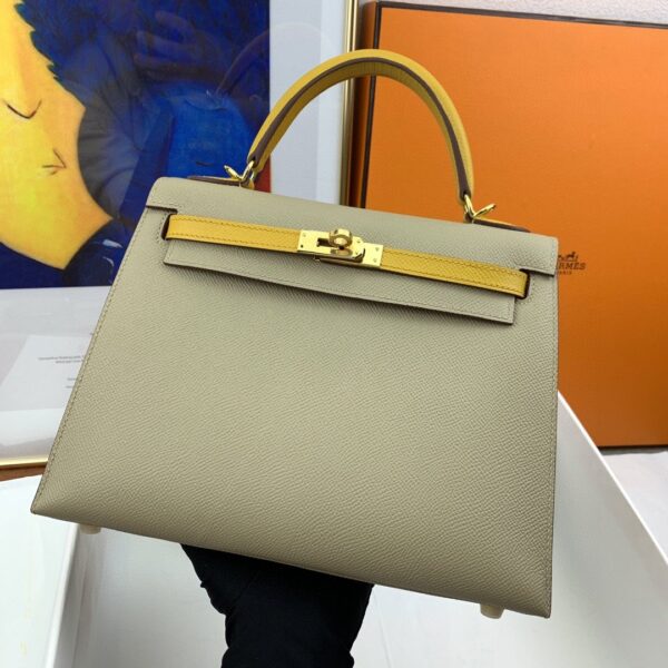 1:1 Replica Hermes Kelly 25 Sellier Epsom Greige/Yellow Bag For Women, Women's Handbags, Shoulder Bags 10in/25cm