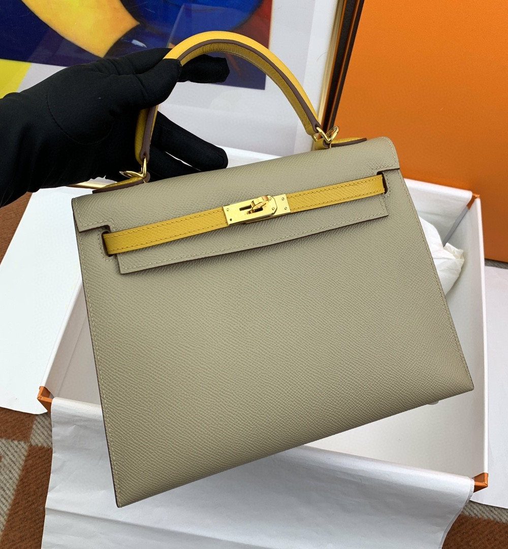 1:1 Replica Hermes Kelly 25 Sellier Epsom Greige/Yellow Bag For Women, Women's Handbags, Shoulder Bags 10in/25cm