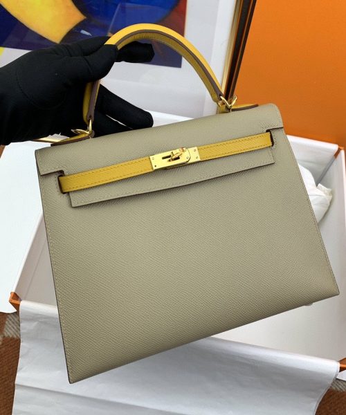 1:1 Replica Hermes Kelly 25 Sellier Epsom Greige/Yellow Bag For Women, Women's Handbags, Shoulder Bags 10in/25cm