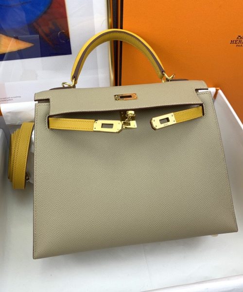 1:1 Replica Hermes Kelly 25 Sellier Epsom Greige/Yellow Bag For Women, Women's Handbags, Shoulder Bags 10in/25cm