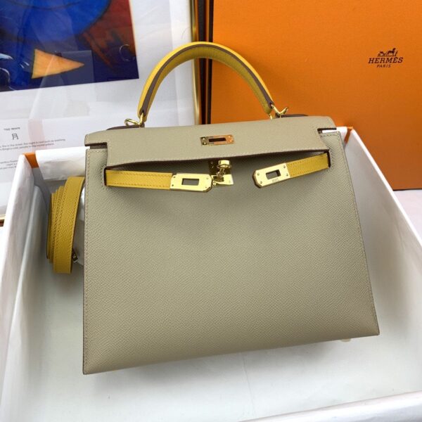 1:1 Replica Hermes Kelly 25 Sellier Epsom Greige/Yellow Bag For Women, Women's Handbags, Shoulder Bags 10in/25cm