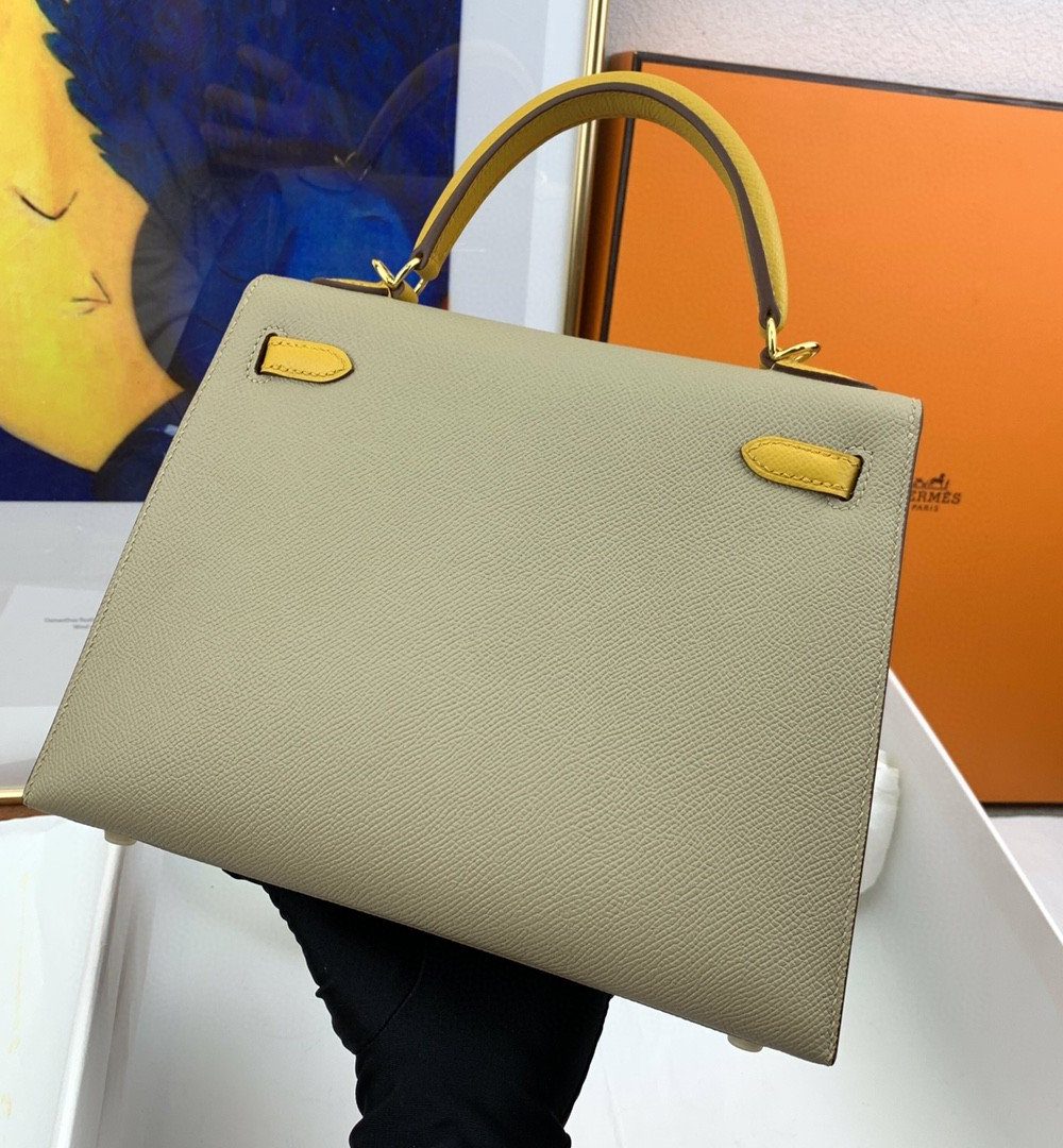 1:1 Replica Hermes Kelly 25 Sellier Epsom Greige/Yellow Bag For Women, Women's Handbags, Shoulder Bags 10in/25cm