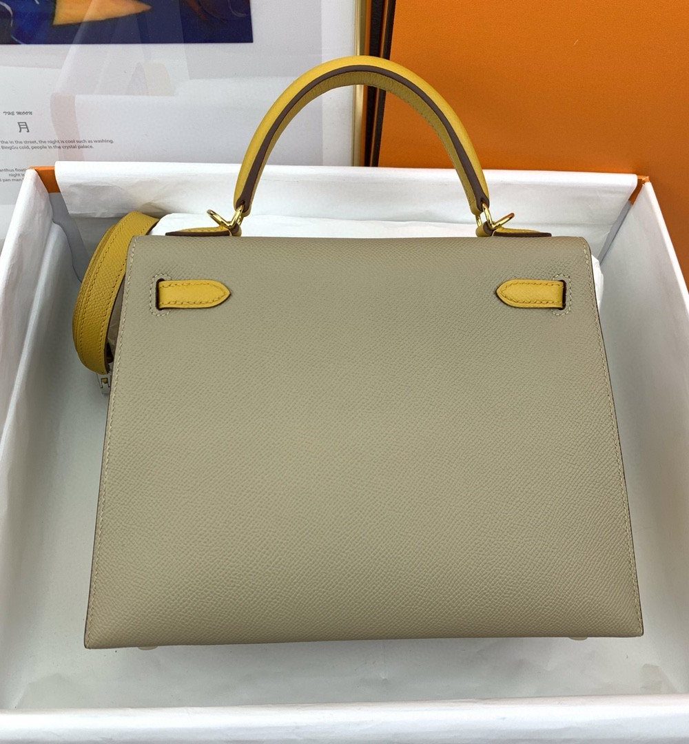 1:1 Replica Hermes Kelly 25 Sellier Epsom Greige/Yellow Bag For Women, Women's Handbags, Shoulder Bags 10in/25cm