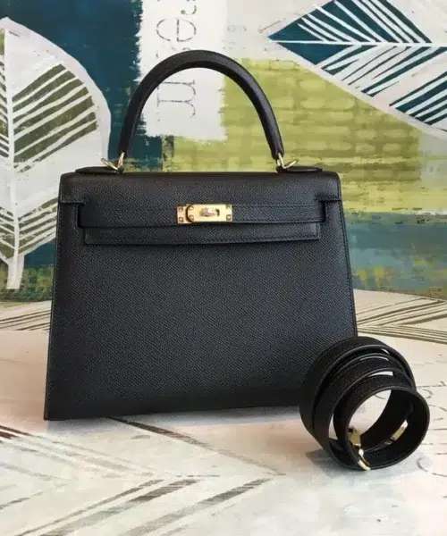 1:1 Replica Hermes Kelly Black For Women Gold Toned Hardware 10in/25cm