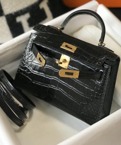 1:1 Replica Hermes Kelly Black For Women Gold Toned Hardware 7.8in/20cm