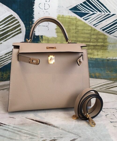 1:1 Replica Hermes Kelly Light Gray For Women Gold Toned Hardware 10in/25cm
