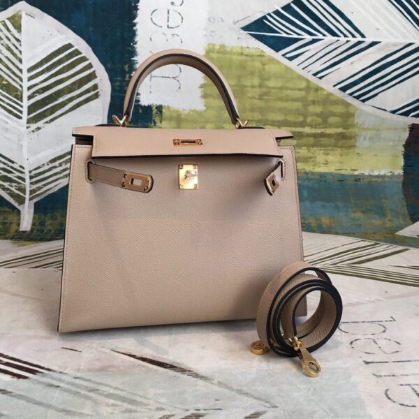 1:1 Replica Hermes Kelly Light Gray For Women Gold Toned Hardware 10in/25cm