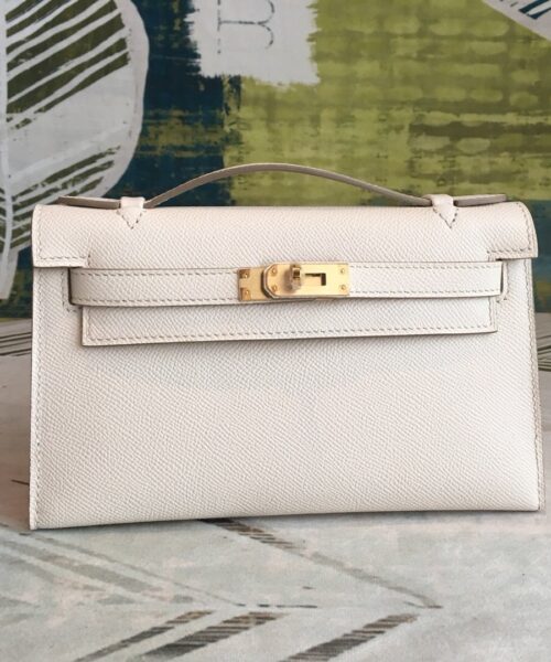 1:1 Replica Hermes Kelly Pochettee White For Women Gold Toned Hardware 8.5in/22cm