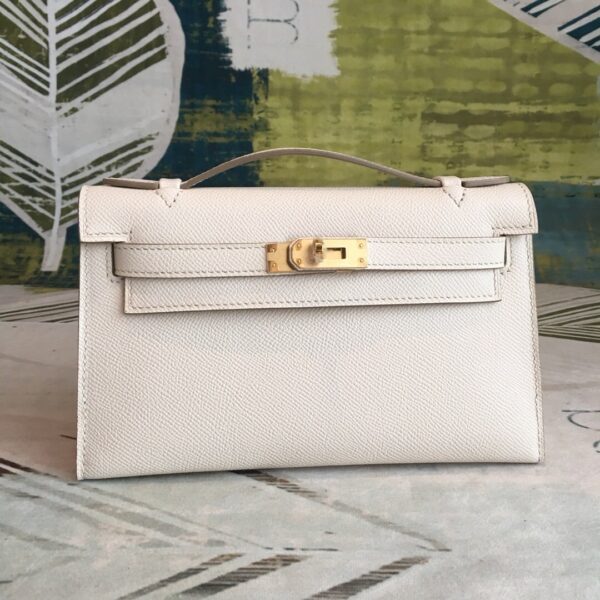 1:1 Replica Hermes Kelly Pochettee White For Women Gold Toned Hardware 8.5in/22cm