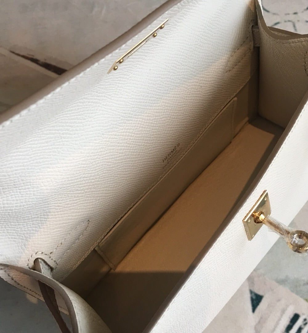 1:1 Replica Hermes Kelly Pochettee White For Women Gold Toned Hardware 8.5in/22cm