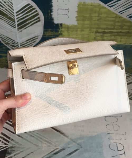 1:1 Replica Hermes Kelly Pochettee White For Women Gold Toned Hardware 8.5in/22cm