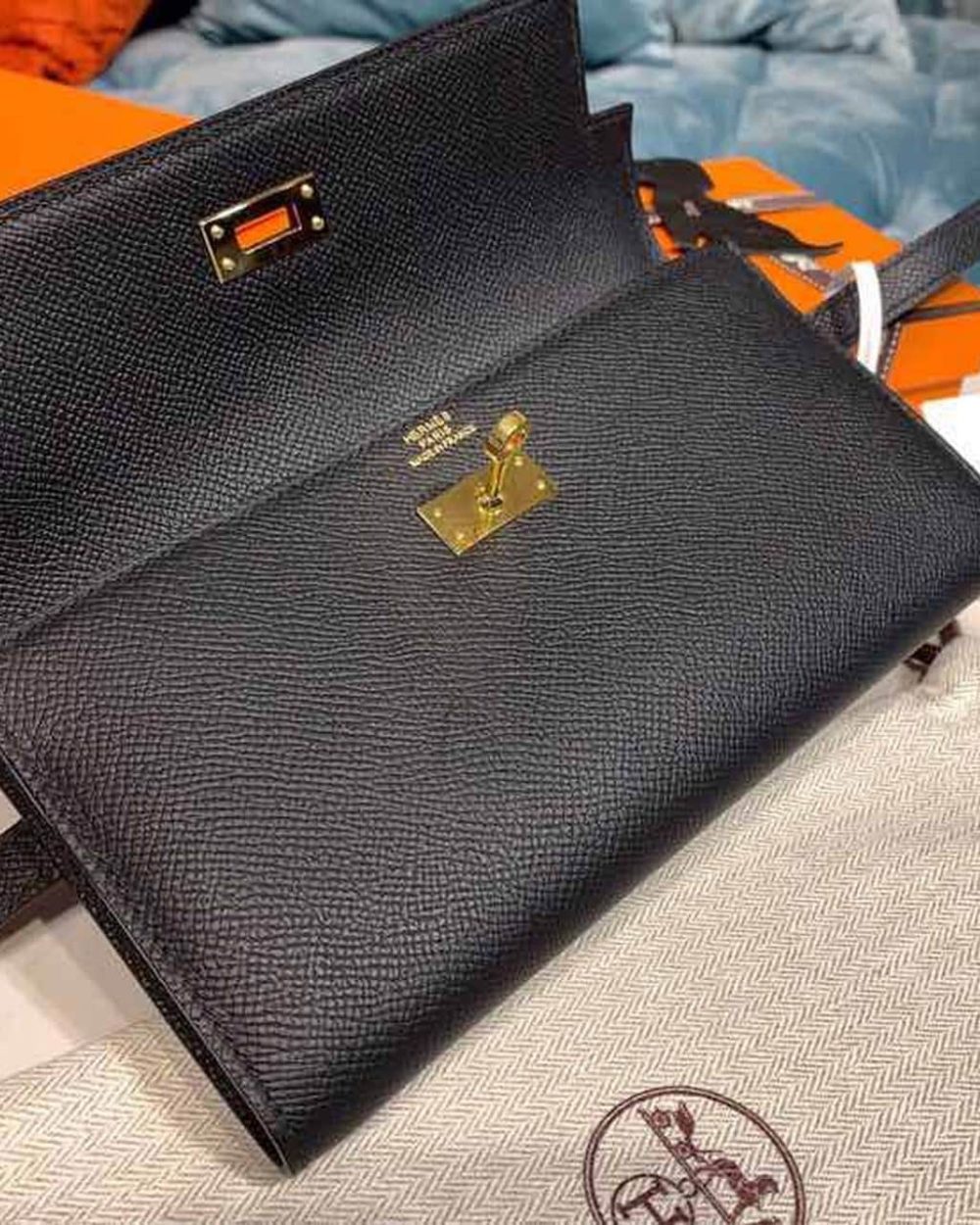 1:1 Replica Hermes Kelly Wallet To Go Woc Black With Gold Toned Hardware Bag For Women 8.2in/21cm